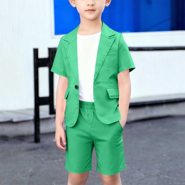 Conjuntos de solapa de manga corta para niños, chaqueta superior de solapa de manga corta de color sólido, pantalones cortos de cintura elástica, traje de tamaño mediano para niños, conjunto de dos pi