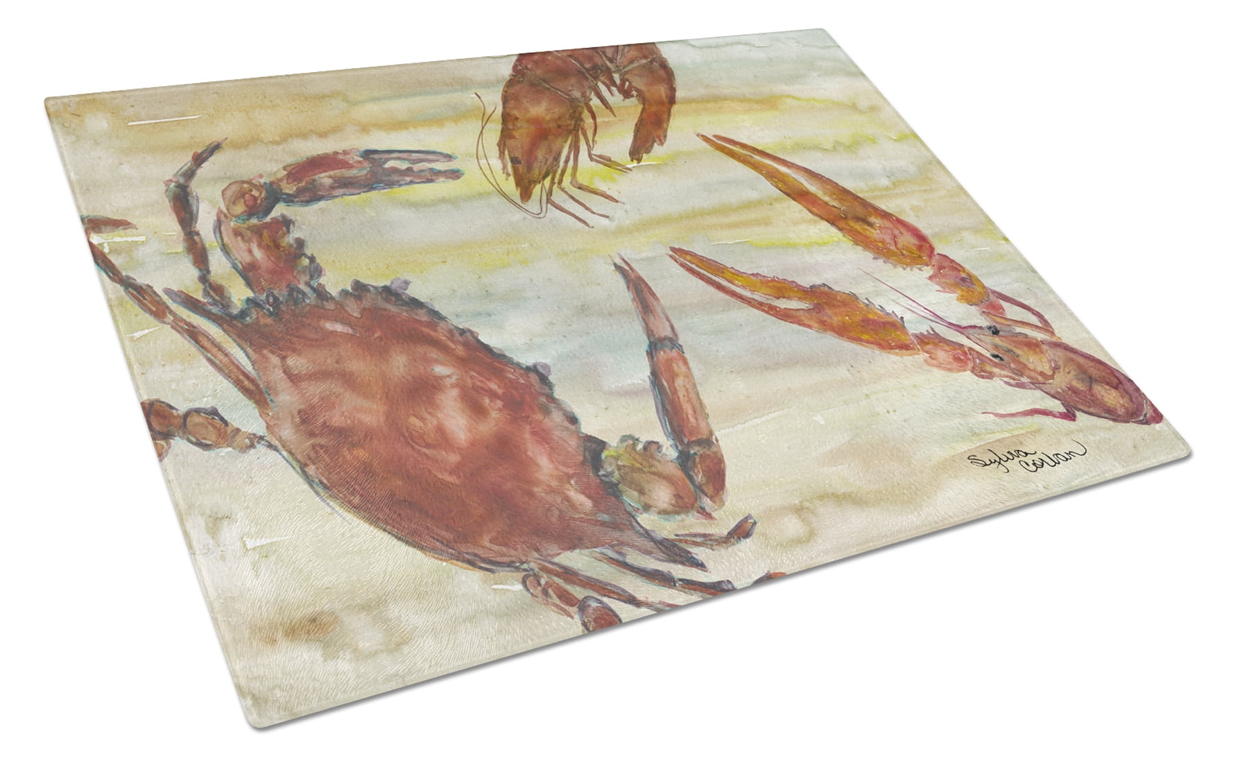 Carolines Treasures Crab and Shrimp Checkerboard Glass Cutting Board Large Multicolor 