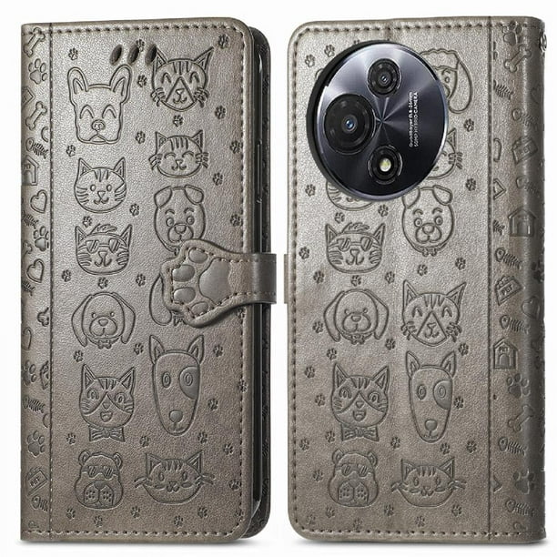 Funda Cartera FOXDOCK para TCL 60 , Flip PU con Relieve de Gatos y Perros, Tarjetero y Soporte