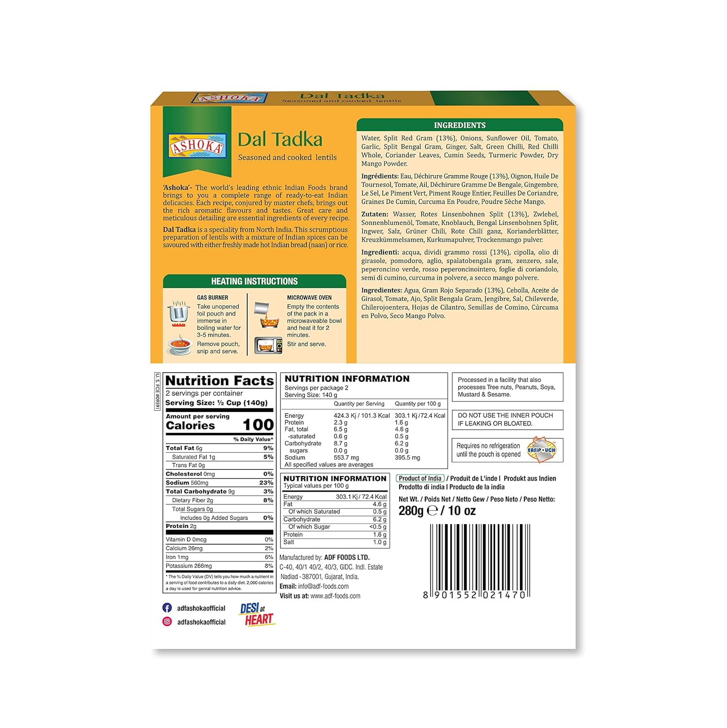 Ashoka Meals 1932, Plant-Based Lentils Curry, All-Natural Ready to Eat Meals, Authentic Dal Tadka, Portable Indian Food, Great for Lunch, Kosher Certified, Gluten-Free, No Preservatives, Pack of 6