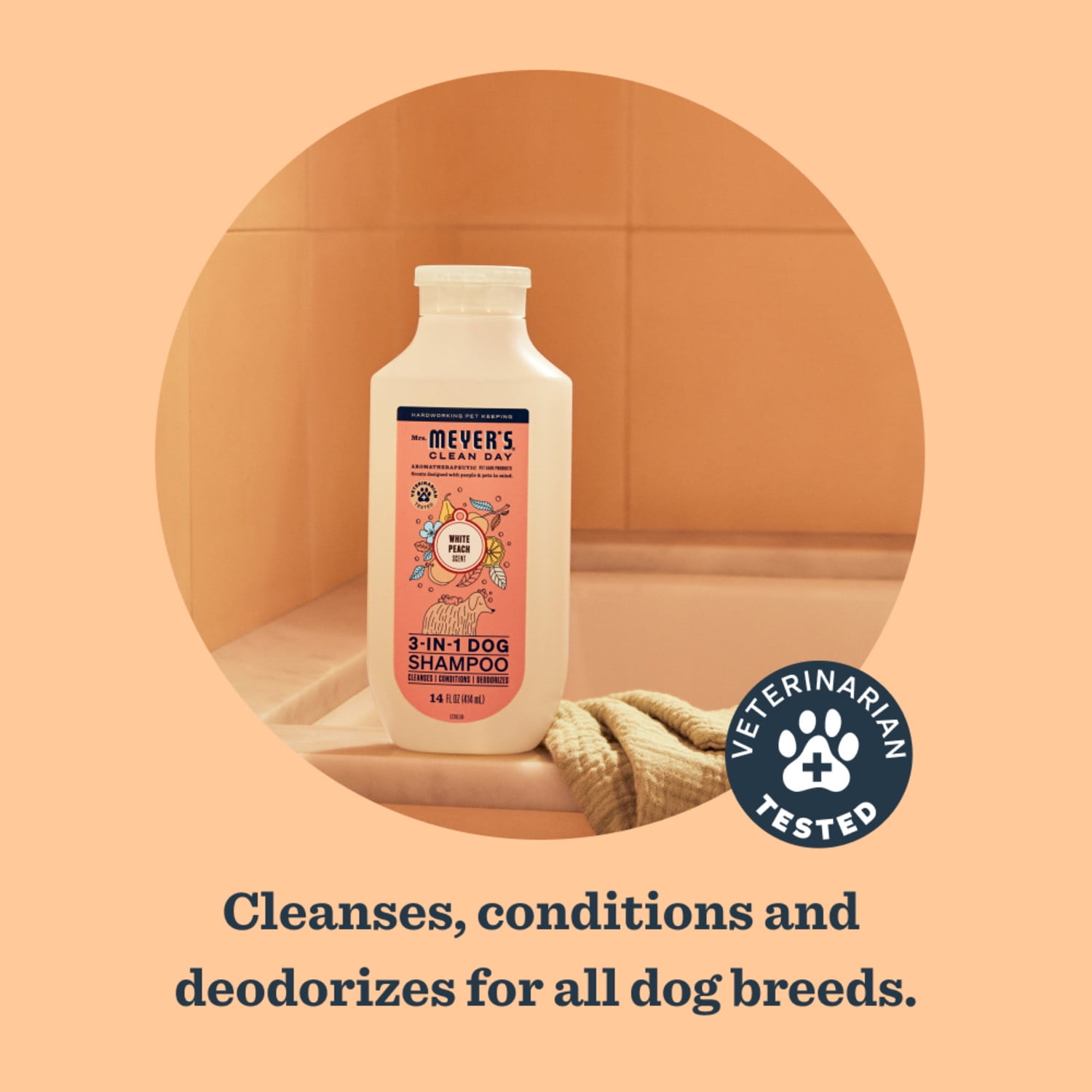 Mrs. Meyer's Clean Day 3 in 1 Dog Shampoo, White Peach Scent, 14oz