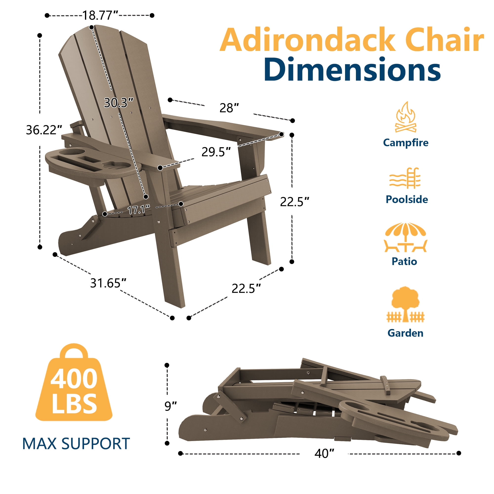 FOOWIN Folding HDPE Adirondack Chairs Set of 4, Brown