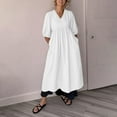 thumbnail image 5 of Miqool Womens Plus Size Cotton Linen 3/4 Sleeve Maxi Dress V Neck Pleated Casual A Line Flowy Long Dress Cocktail Dresses with Pockets, 5 of 9