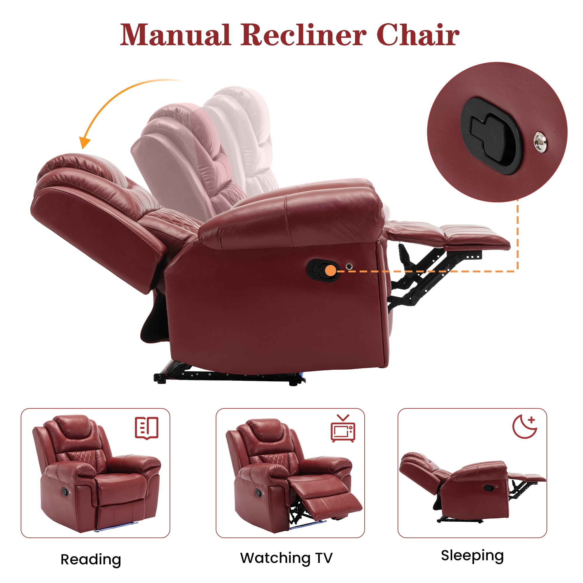 Euroco Home Theater Seating Manual Recliner Chair with LED Light Strip for Living Room,Bedroom, Wine Red
