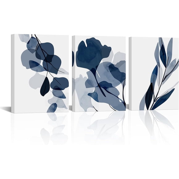 3 Piece Navy Blue Flower Canvas Wall Art Blue Abstract Prints Modern Pictures Paintings Wall Decor Artwork for Living Room Bedroom Office Home Decor 12x16inchx3pcs