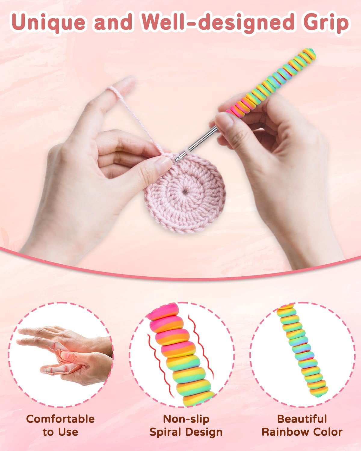 Large Crochet Hooks Set, Rainbow Non-Slip Spiral Grip, K/6.5mm, 7.0mm, L/8.0mm, M/9.0mm, N/10.0mm, Aluminum Crochet Needles for Blankets Scarves Sweaters, Crochet Hook for Beginners & Crafters