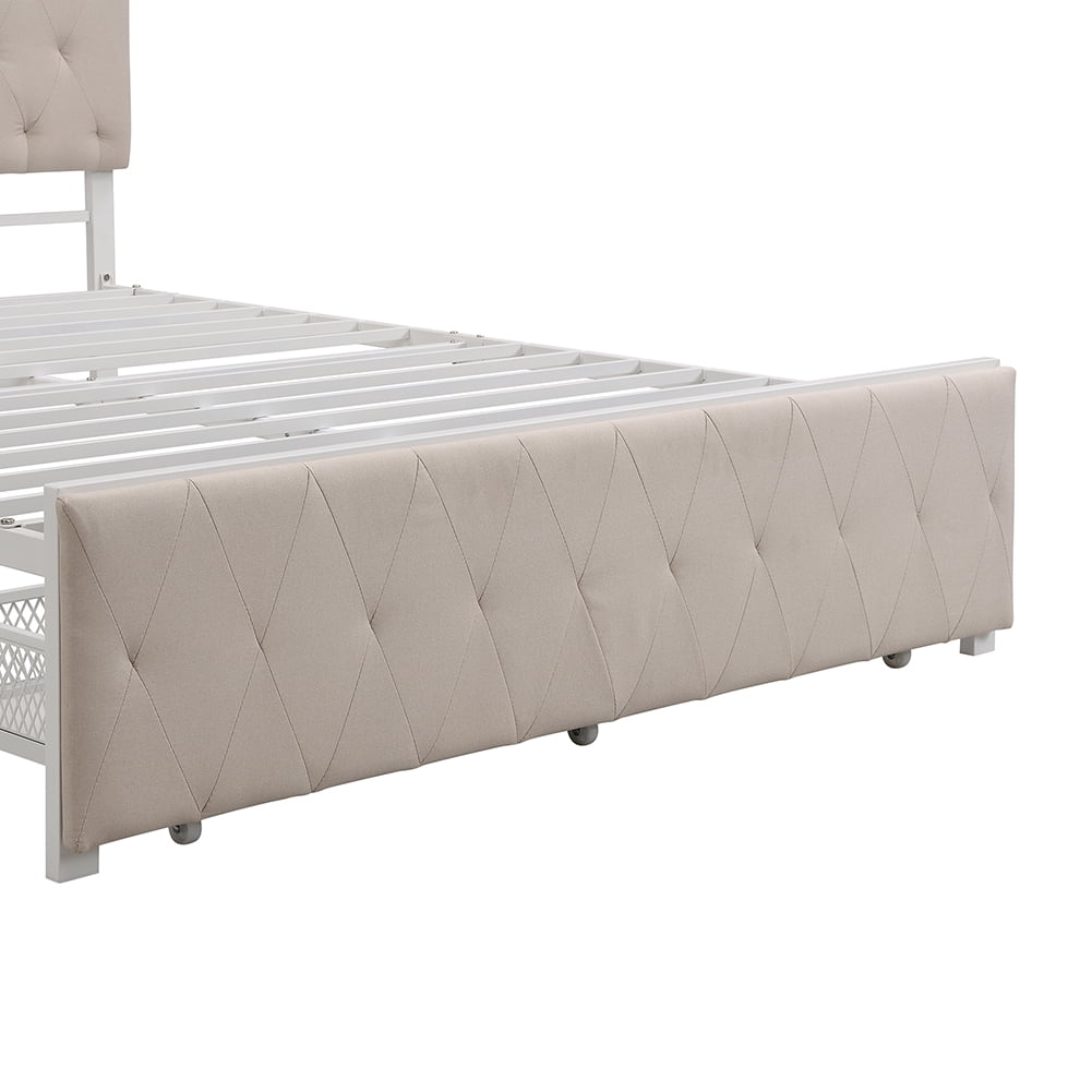 Queen Size Storage Bed, Metal Platform Bed with a Big Drawer, Beige