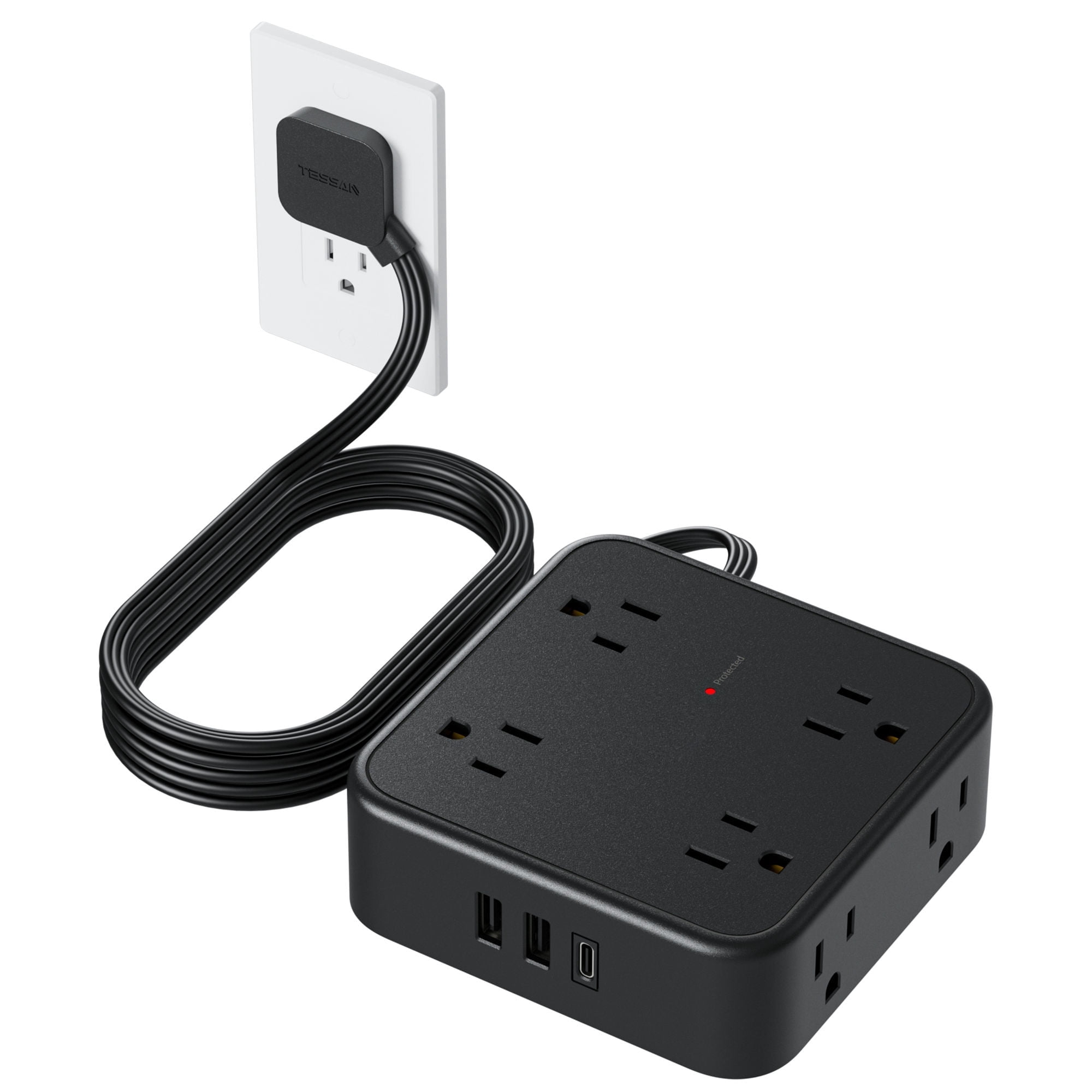 5FT Extension Cord, Surge Protector Ultra Thin Flat Power Strip, 8 AC Outlet and 3 USB Ports(1 USB-C Port)
