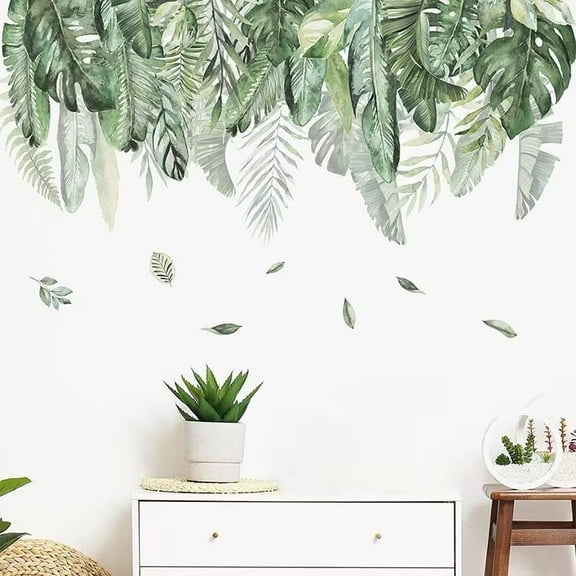 Green Tropical Palm Tree Leaves Wall Stickers, banana leaf stickers, Wolf decals, DIY stickers for living room and bedroom, transparent waterproof stickers,Peel and Stick Wall Art Decals for Living R