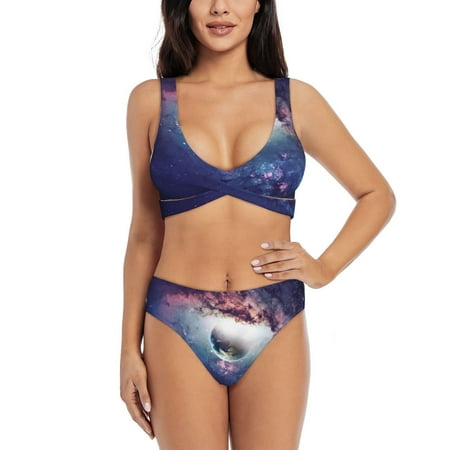 Zeuib Planets Stars And Galaxies High Waisted Tummy Control Bikini Set - Knot Front Push Up Top & Cheeky Thong Bottom  Two-Piece Swimsuit for Women-XX-Large