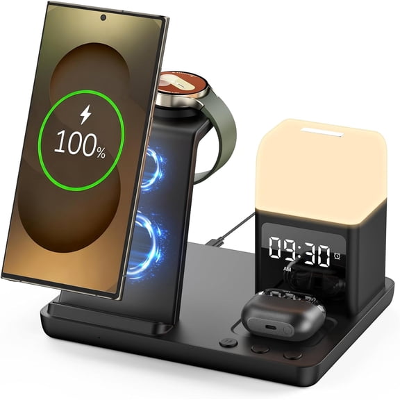 Wireless Charger Smart Charging Station,20W 6 in 1 Fast Charger with Alarm Clock-Night Light,Smart Watch Charger,Wireless Earbuds Charger