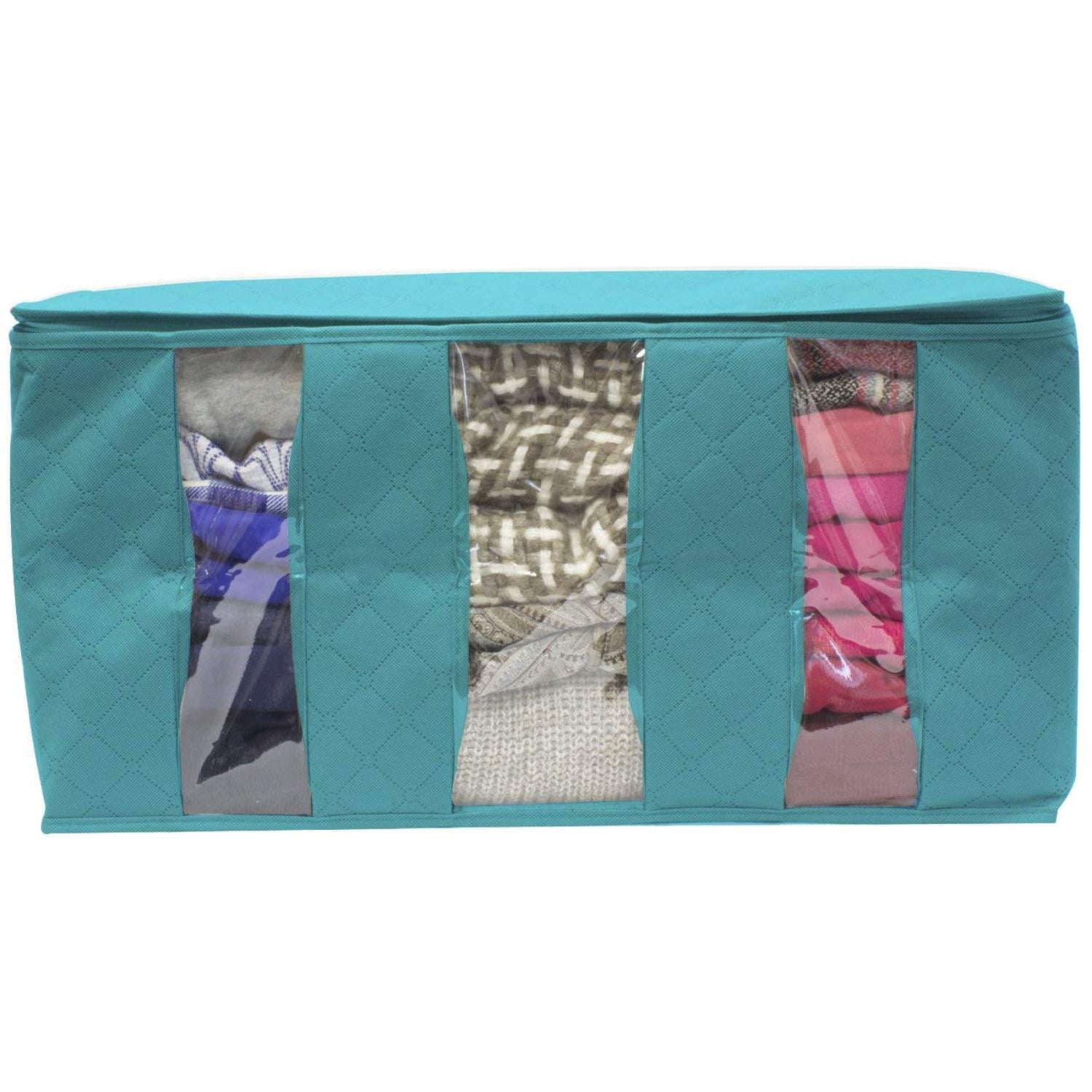 Sorbus Foldable Storage Bag Organizers, 3-Section Clothes & Blanket Storage Bins, Aqua, 2-Pack