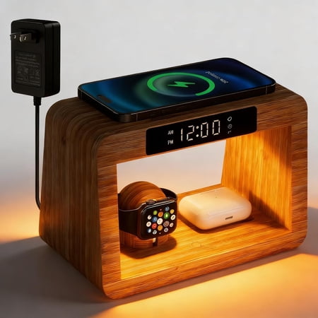 Bamboo Charging Stat with Alarm Clock, 15 W Fast Wireless Charger with Stepless Dimmable Night photo Bamboo Charging Stat with Alarm Clock, 15 W Fast Wireless Charger with Stepless Dimmable Night