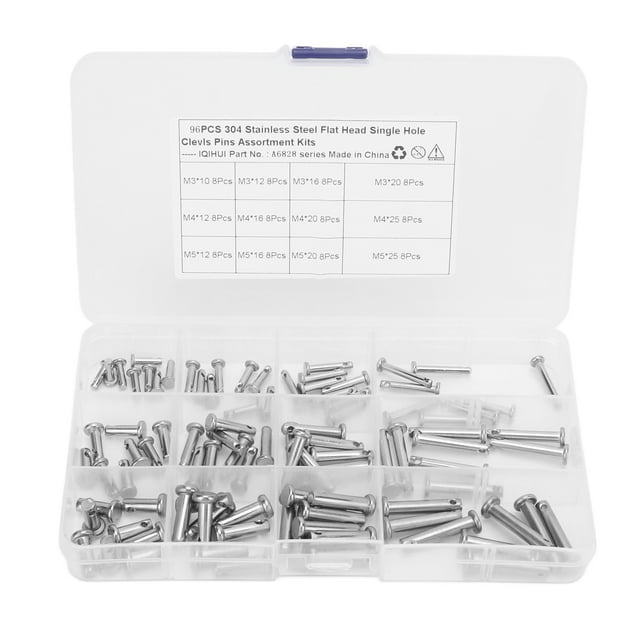 Clevis Pin Assortment Kit, Practical Flat Head Clevis Pin Rugged Rustproof T Shape With Plastic Box For Car 96pcs