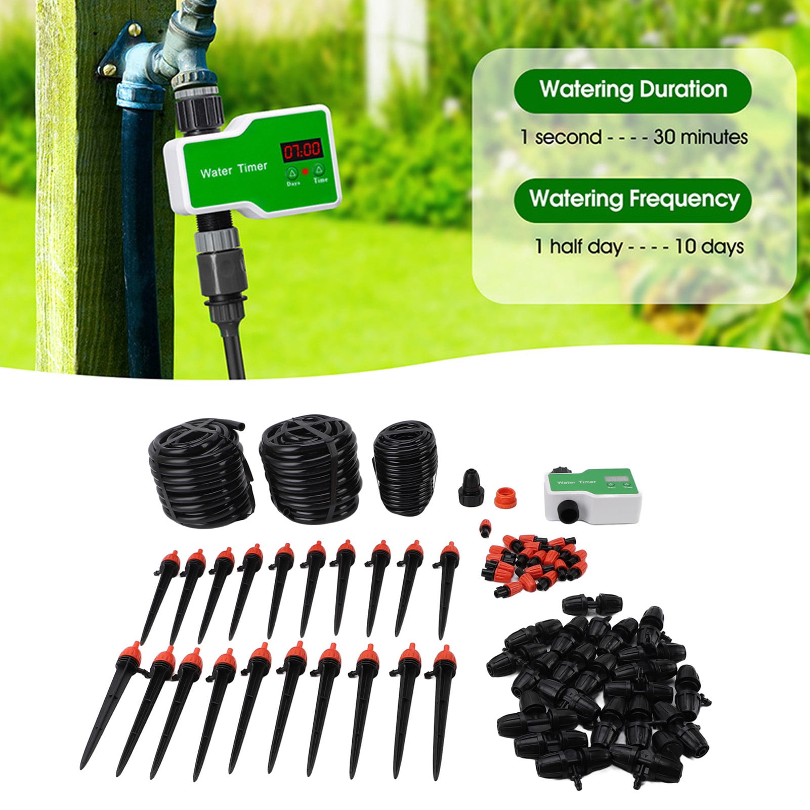 NFTIGB Drip Irrigation System Kit, Automatic Watering System with Water Timer for Greenhouse Garden Lawn Potted Plants, 69 Pieces (9.84 inches / 25 cm) - Make Gardening Easier
