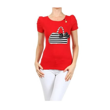 Hand Spun Knit - Red Solid Knit Handbag Applique Graphic Print Fitted Tee Shirt Womens