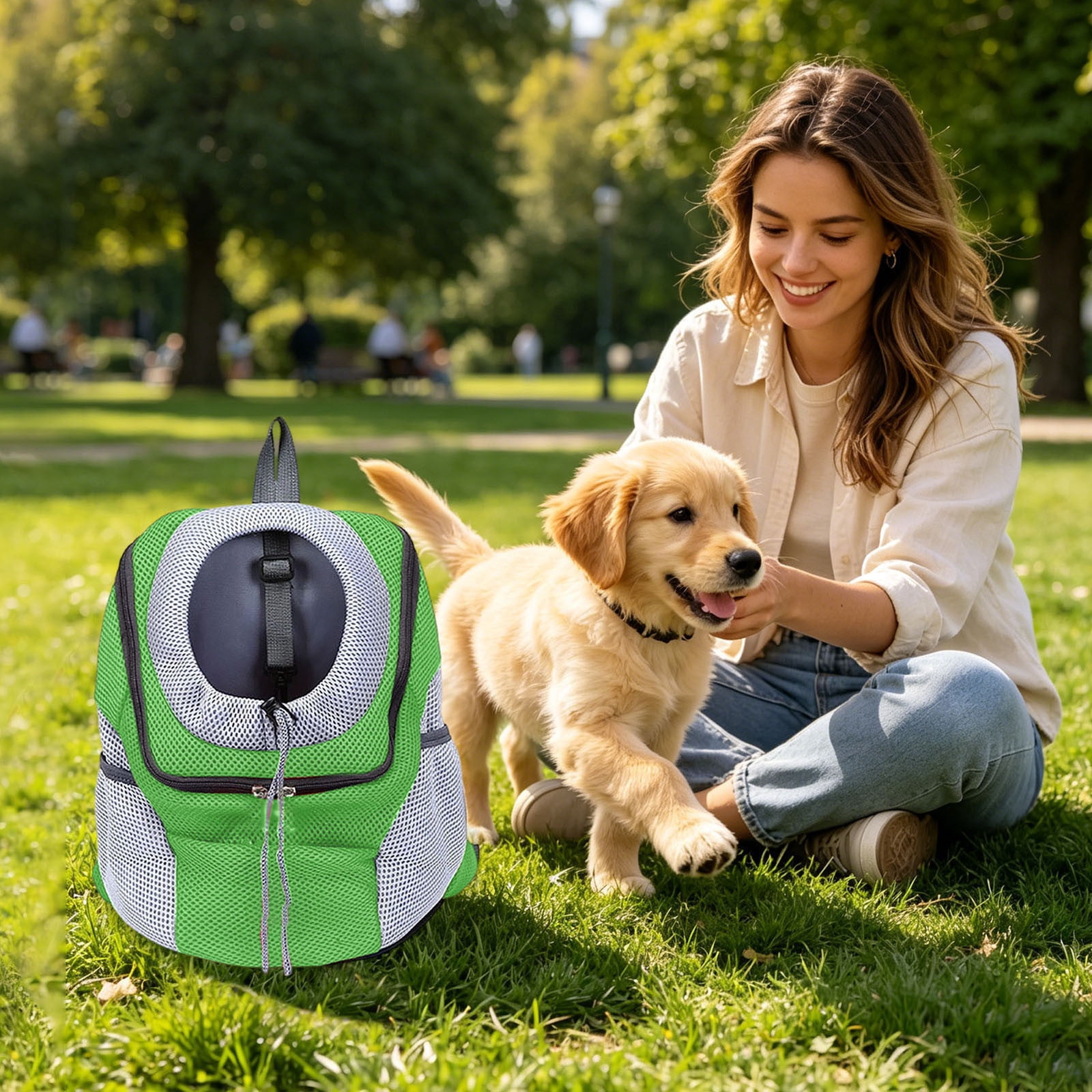 Breathable Pet Carrier Backpack, Head-Out Design Adjustable Dog Cat Backpack with Safety Belt, Mesh Ventilated Travel Backpack with Side Storage Pockets for Small Dogs Cats Outdoor Hiking(Green,M)