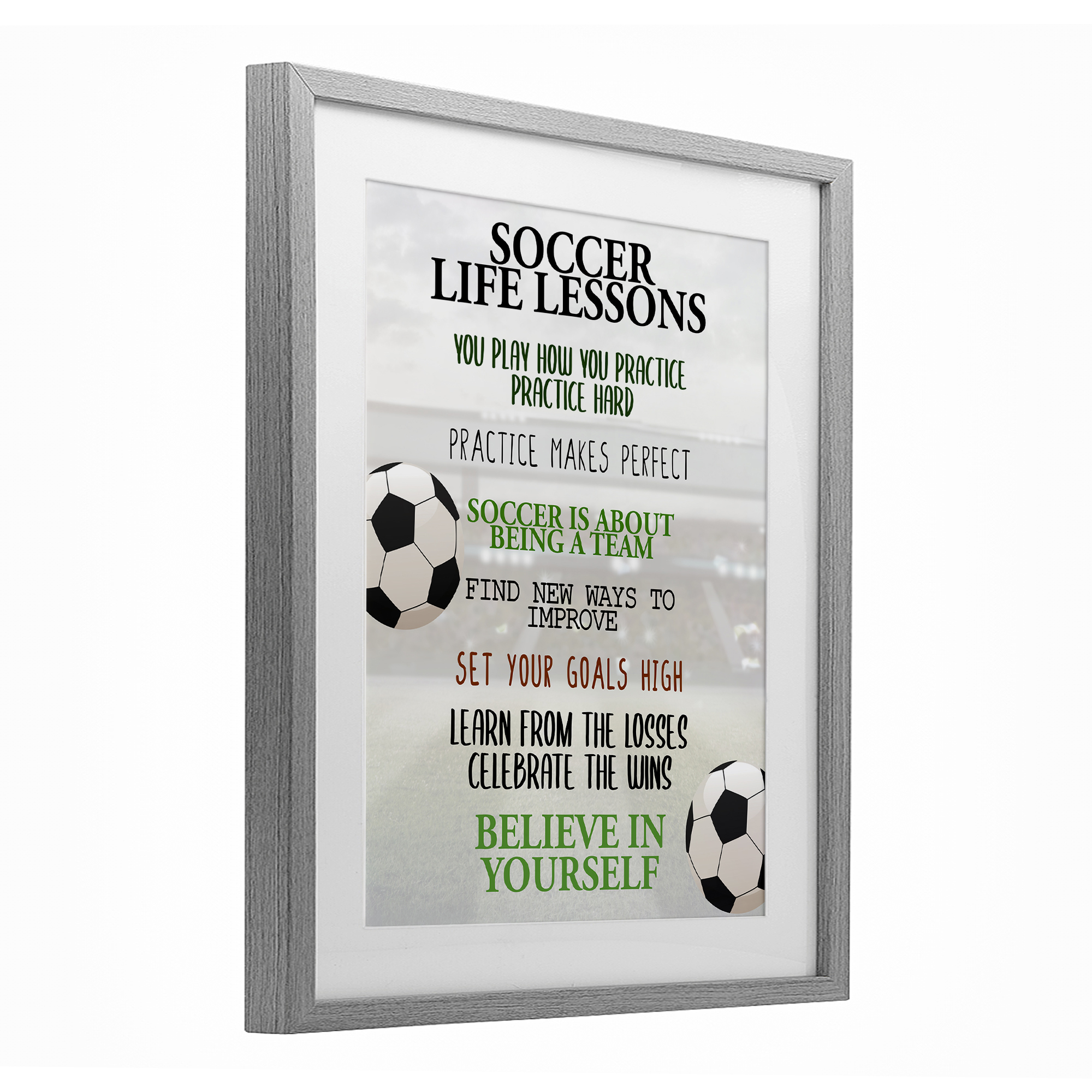 Soccer Life Lessons Gray Framed Print Under Glass, design by Kim Allen