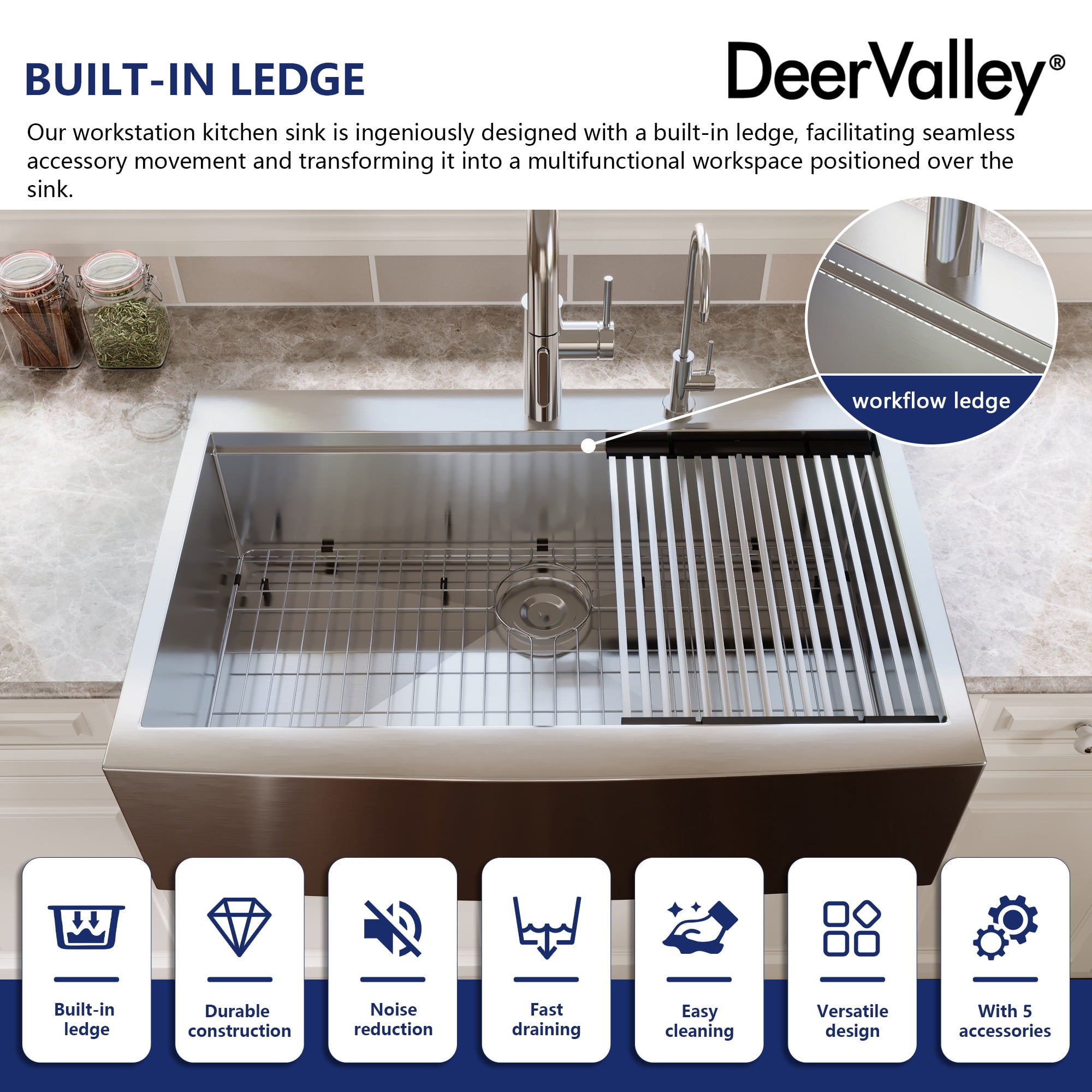 33 in. Rectangular Single Bowl Farmhouse Apron Workstation Kitchen Sink in Silver Grey Stainless Steel with Accessories