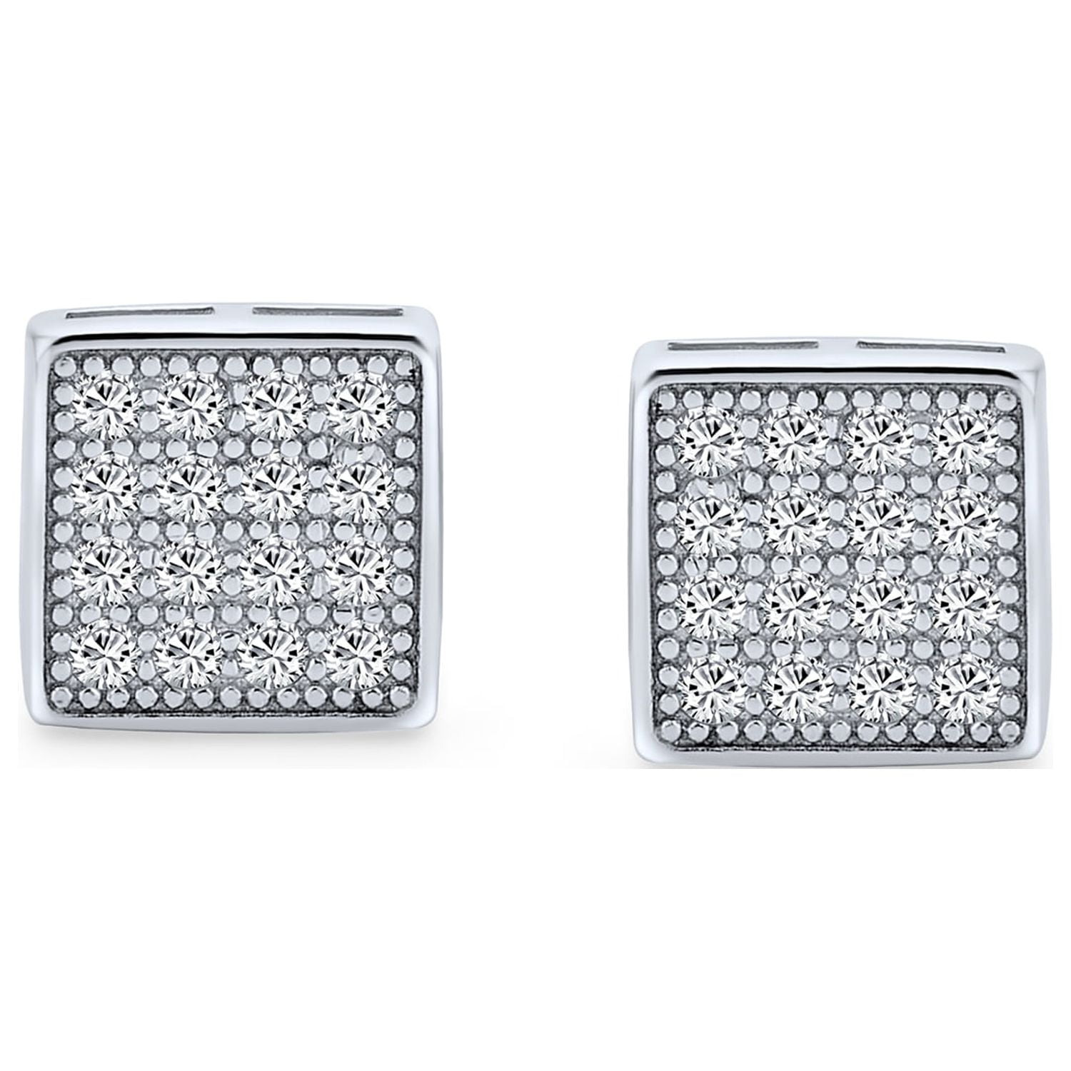 Black White Pyramid Square Shaped Cubic Zirconia Square Micro Pave CZ Stud  Earrings for Men .925 Sterling Silver 11MM