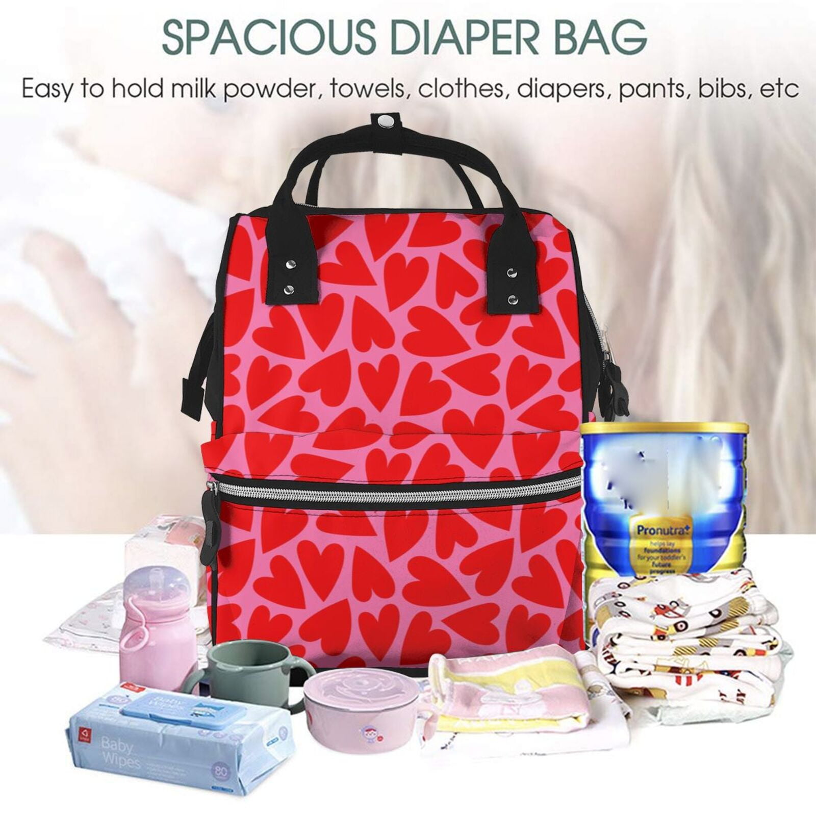 Ratiio Love Heart Mummy Backpack - Waterproof Twill Canvas, Large Capacity Diaper Bag with Multiple Pockets and Adjustable Straps