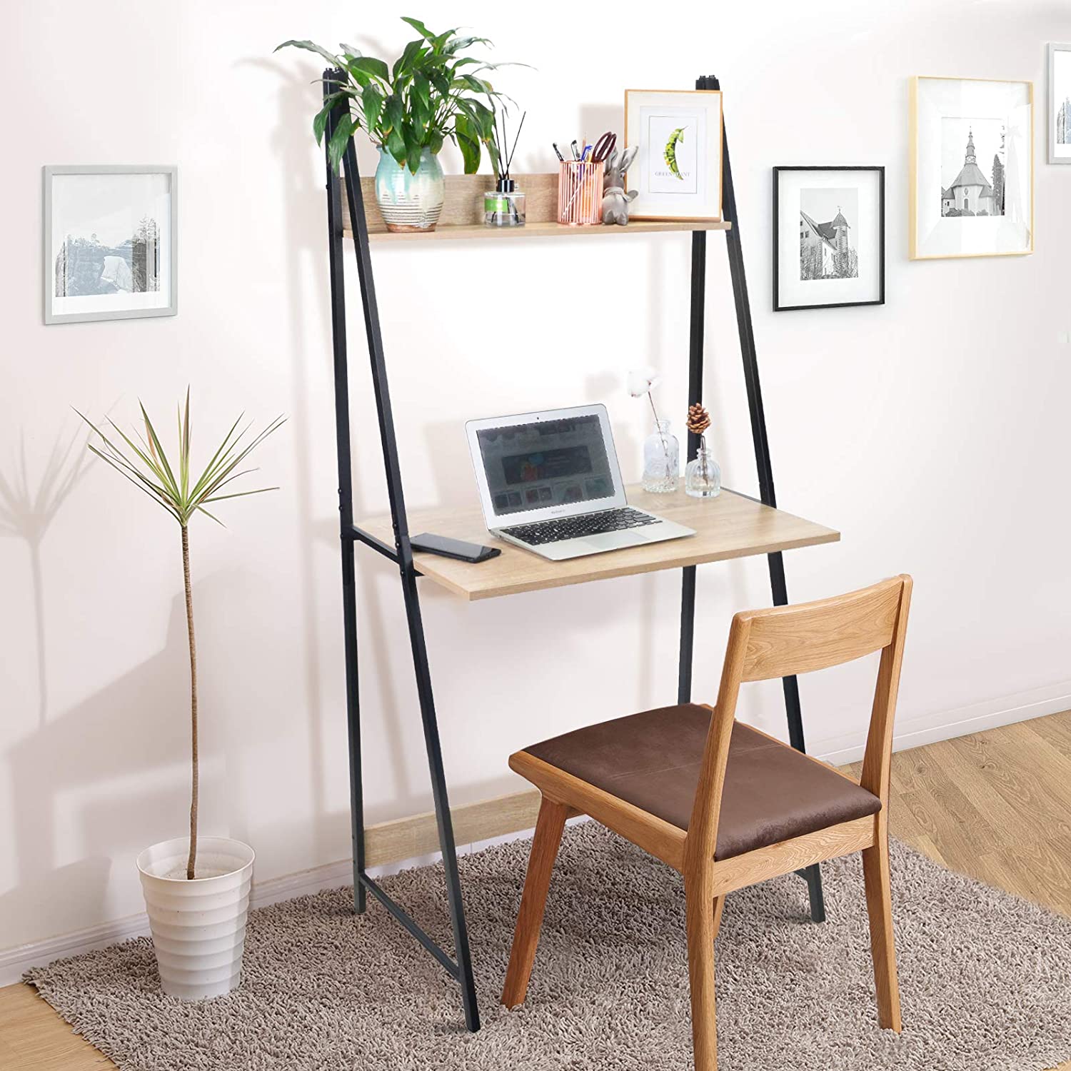 KESHENGDA 2Tier Ladder Computer Desk with Storage Bookshelf, Modern