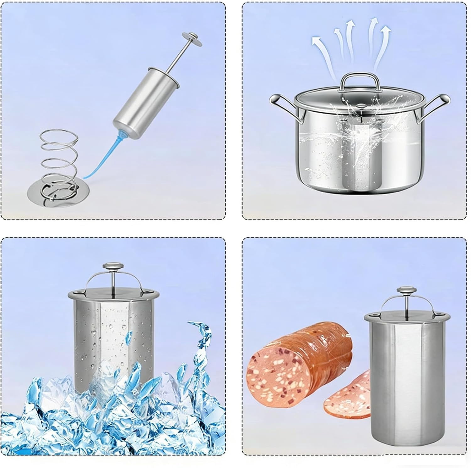 2026 Upgrade Stainless Steel Deli Meat Press with Thermometer & Spring Mechanism, Lunch Meat Press Mold for Deli Meats, Deli Meat Press Stainless Steel, for Home Cooking (2, Silver)