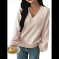 thumbnail image 1 of Suéter Informal Cómodo de Color Liso con Cuello en V, Larga y Punto Acanalado Suave para Mujer. L, 1 of 7