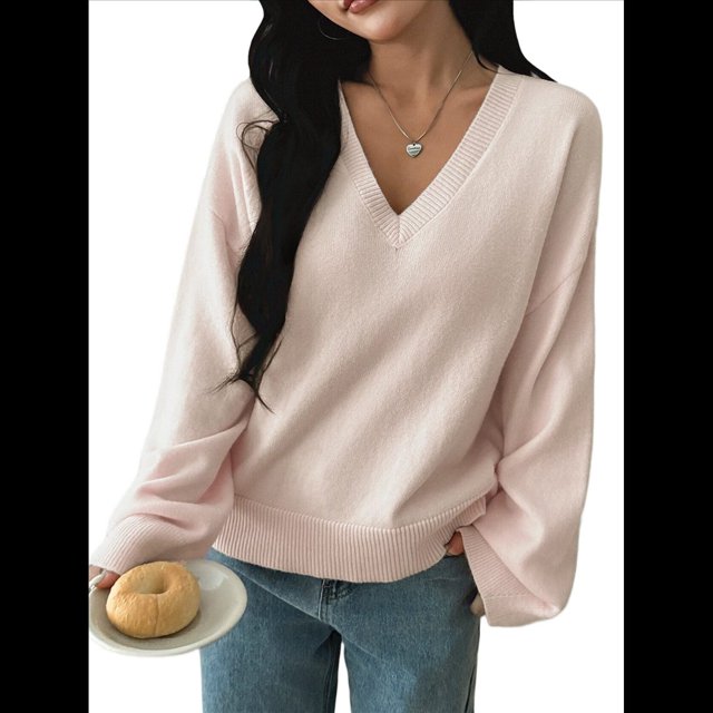 Suéter Informal Cómodo de Color Liso con Cuello en V, Larga y Punto Acanalado Suave para Mujer. L