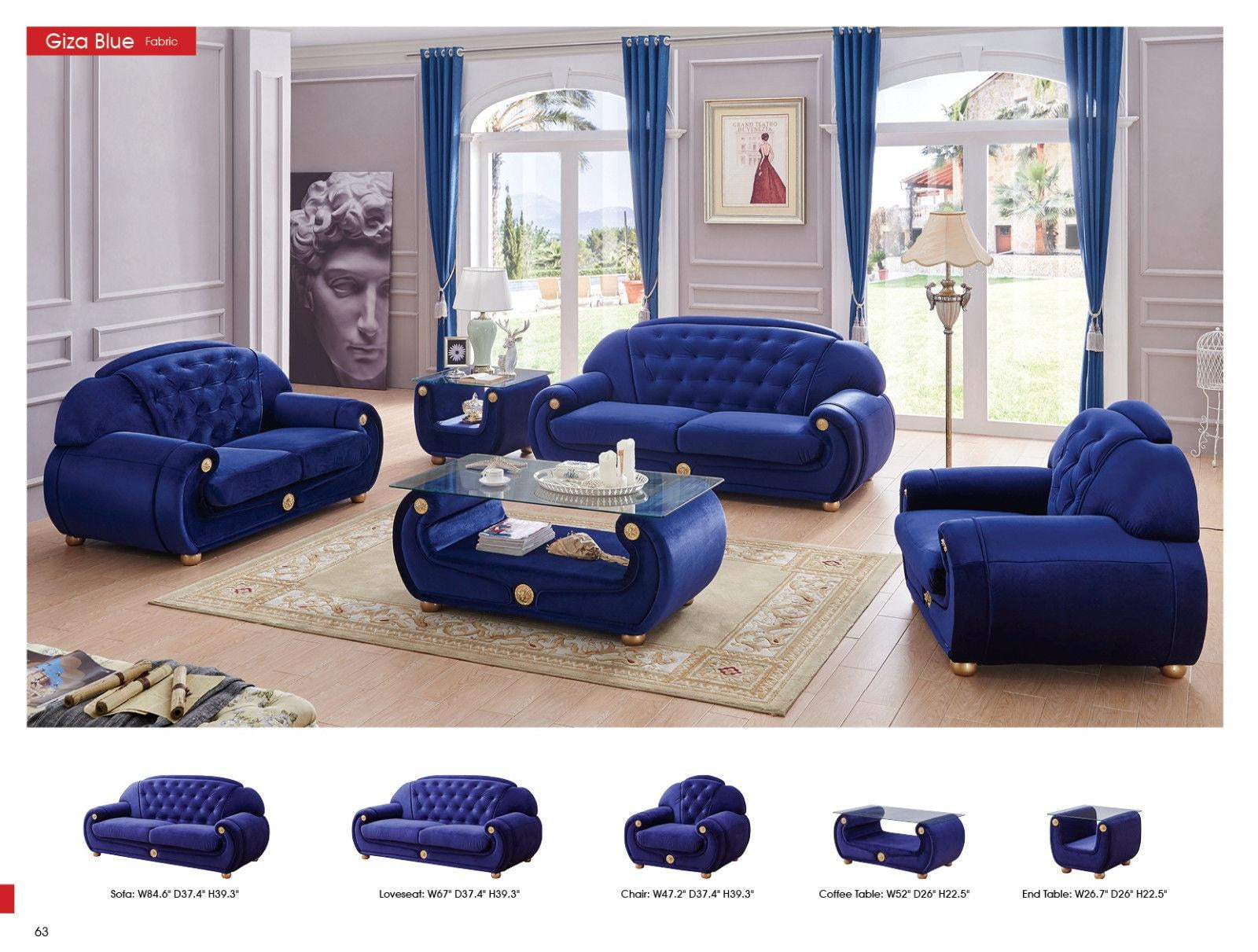 Esf Giza Contemporary Luxury Blue Microfiber Living Room Sofa Loveseat Chair Set