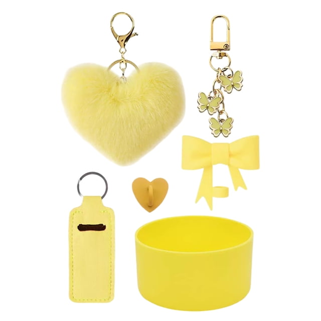 Colgante bola de pelo, juego de tazas de silicona, lazo, pajita, pareja de peluches, llavero con forma de corazón