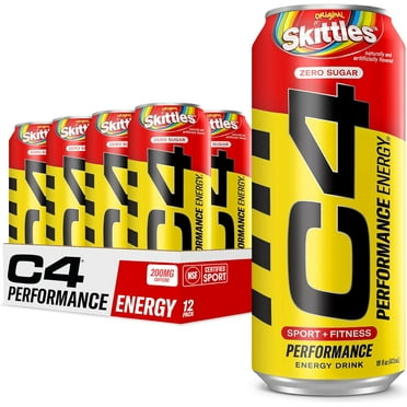 Cellucor C4 Performance Energy Drink | SKITTLES | Zero Sugar Carbonated Preworkout Energy | 200mg Caffeine with Beta Alanine | 16 Fl Oz (12 Pack)
