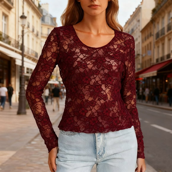AUNVITO Women's Sheer Lace Long Sleeve Slim Fit Top Elegant and Sexy Style
