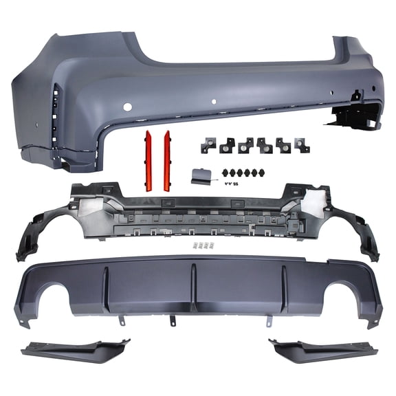 Ikon Motorsports Rear Bumper Cover Compatible With 2019-2023 BMW 3 Series G20 Sedan M3 Style Unpainted Bumper Conversion Round Tips Outlet Diffuser Bodykit