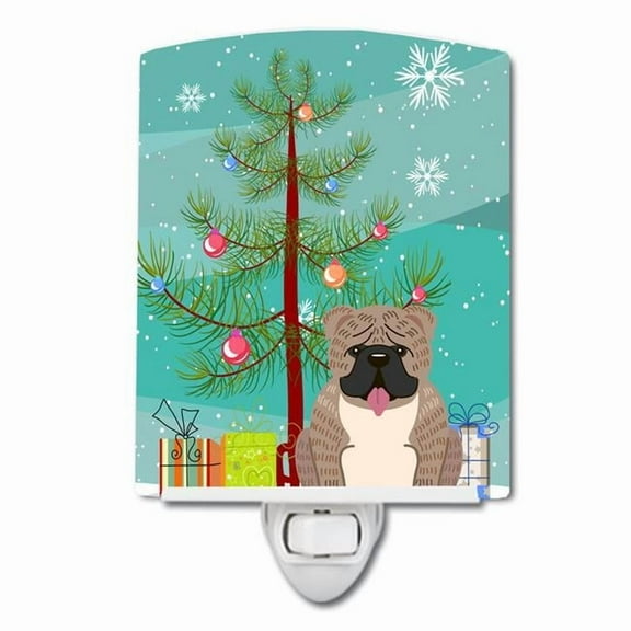 Caroline's Treasures BB4251CNL Merry Christmas Tree English Bulldog Grey Brindle Ceramic Night Light, 6x4x3",