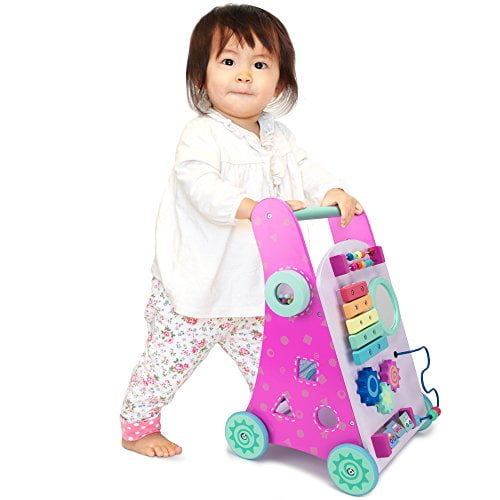 Pink PushNPlay Wooden Learning Walker Toy, 10 Fun Activities For