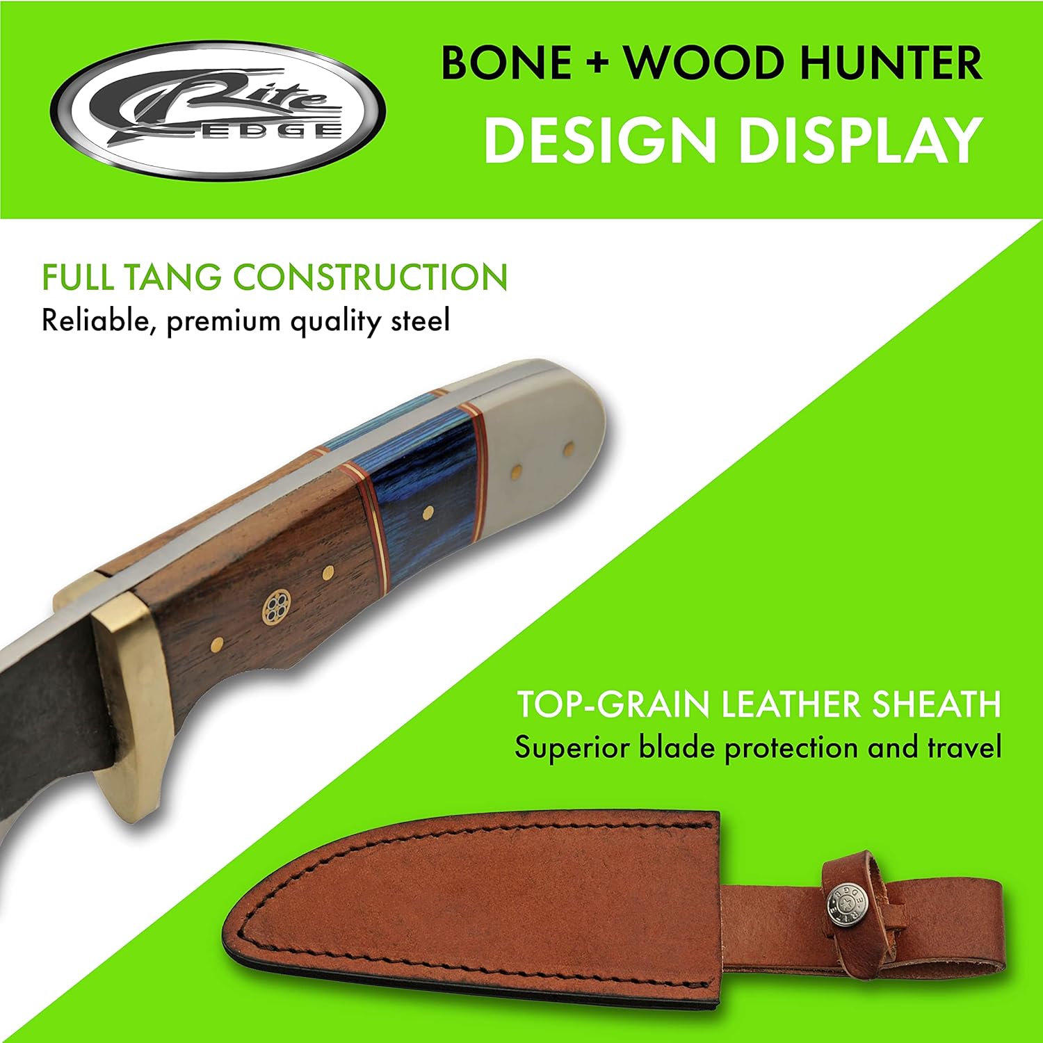 SZCO Supplies 10.5” Bone and Wood Handle Outdoor Fixed Blade Utility Knife with Leather Sheath