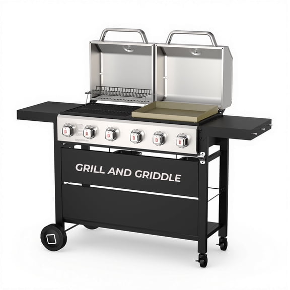 Flintex 6-Burner Grill and Griddle Combo, Propane Gas Outdoor BBQ with Porcelain-Enameled Cast Iron Grates & Thick Cast Iron Flat Top Griddle, Dual Stainless Steel Lids for Backyard Cooking