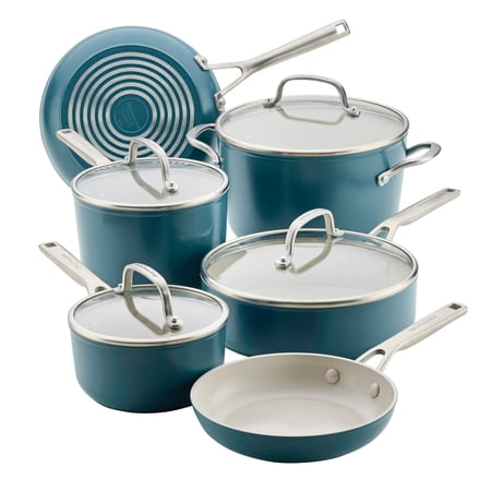 KitchenAid Hard-Anodized 10 Pcs Ceramic Induction Cookware Set, Dishwasher Safe and Oven Safe to 500°F, Agave Blue