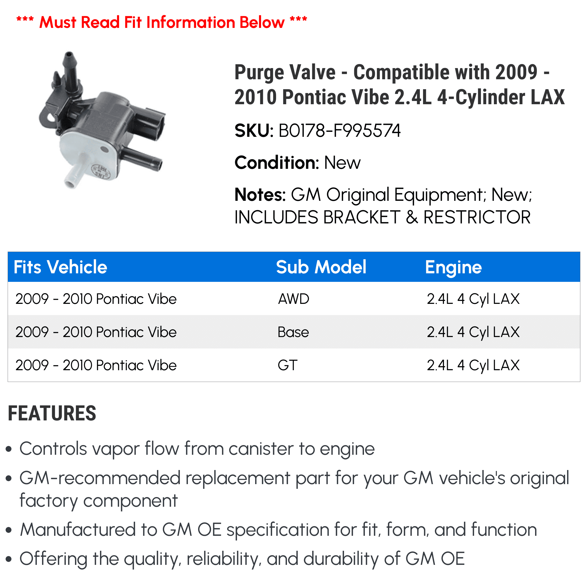 Purge Valve - Compatible with 2009 - 2010 Pontiac Vibe 2.4L 4-Cylinder LAX