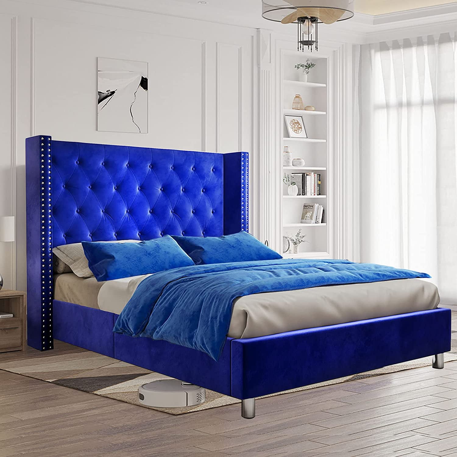 Jocisland Queen Bed Frame Low Profile Platform Bed Upholstered Bed Frame Velvet Tufted Bed