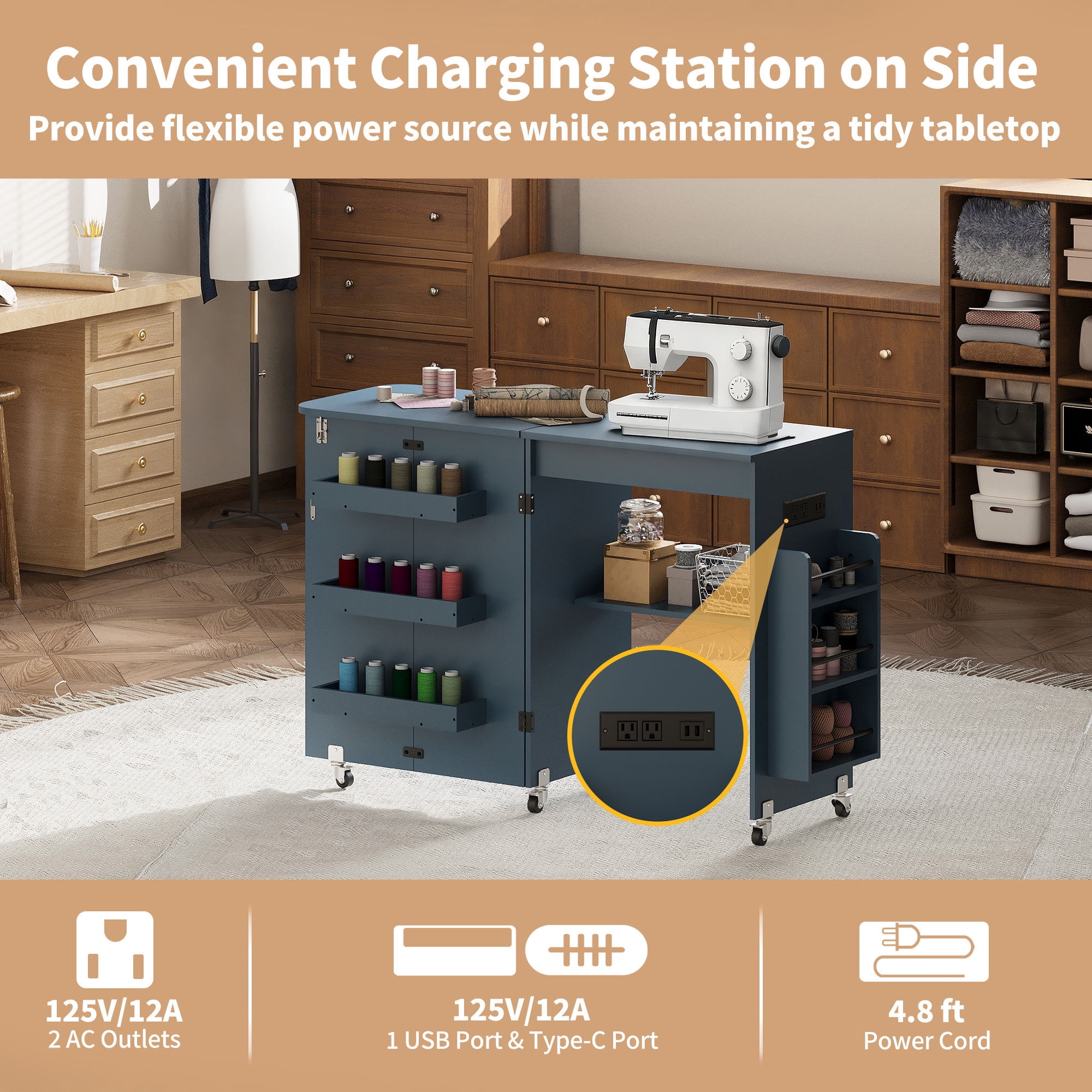 WARAYZ Foldable Space-Saving Sewing Table with Storage, Power Outlet, 6 Side Trays & Open Shelf, Lockable Wheels, Blue, 1 Count