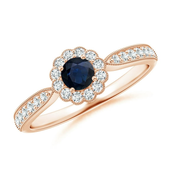 ANGARA Natural Vintage Inspired Sapphire Milgrain Ring with Diamond Halo in 14K Rose Gold for Women (Size-4mm) | September Birthstone, Anniversary, Jewelry Gift for Women | Natural Blue Sapphire Ring