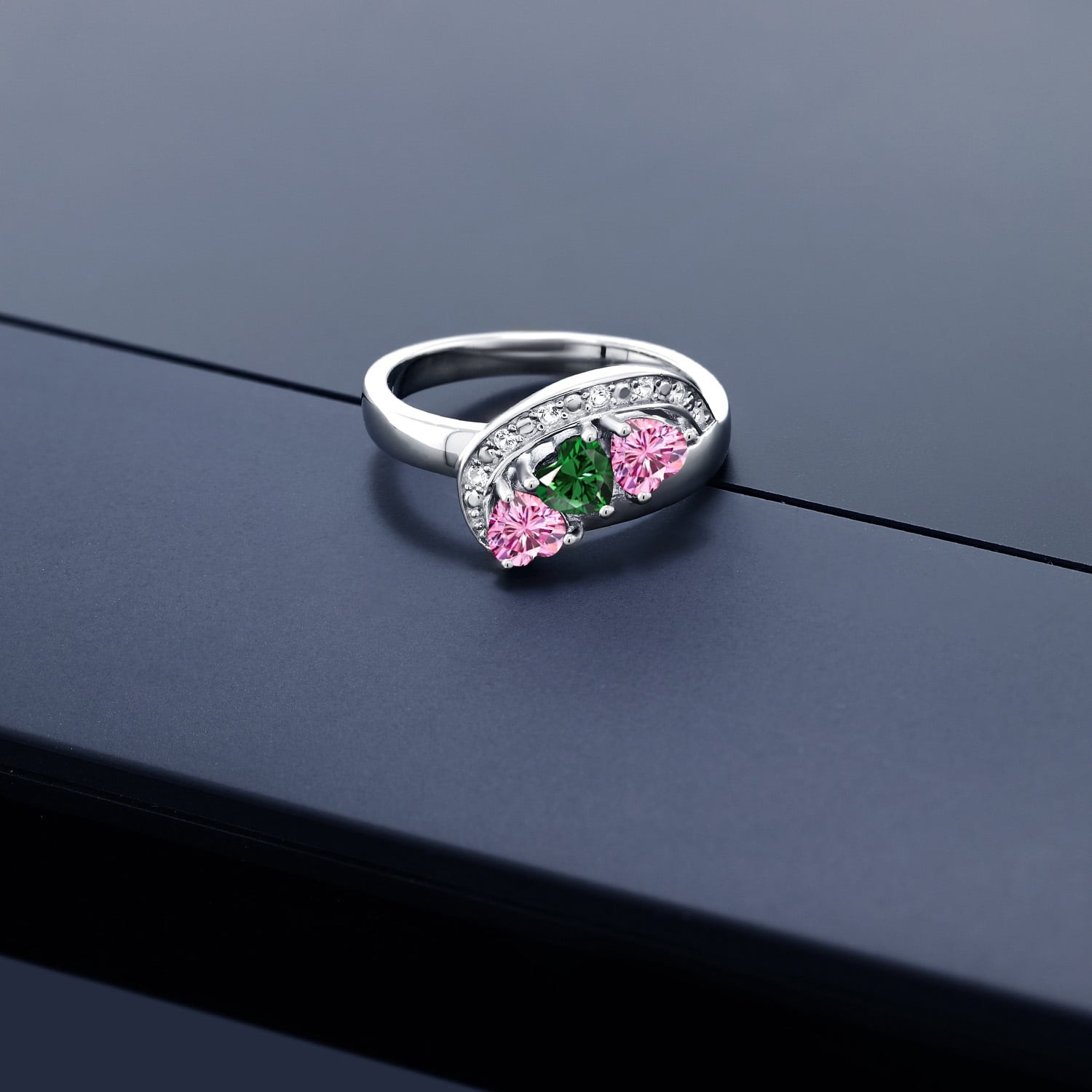 Gem Stone King 0.96 Cttw Green Nano Emerald and Pink Moissanite and White Created Sapphire Engagement Ring for Women | 925 Sterling Silver | Gemstone Birthstone | Heart Shape 4MM | Size 6