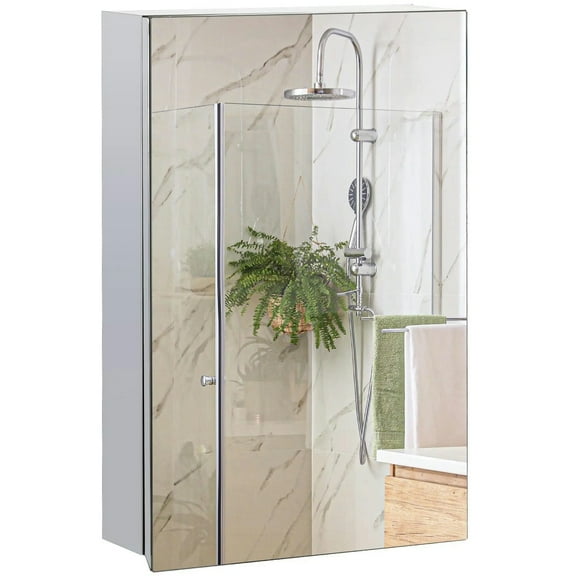 Barara King Wall Mounted Bathroom Medicine Cabinet Mirrored Cabinet with Hinged Door 3-Tier Storage Shelves Silver