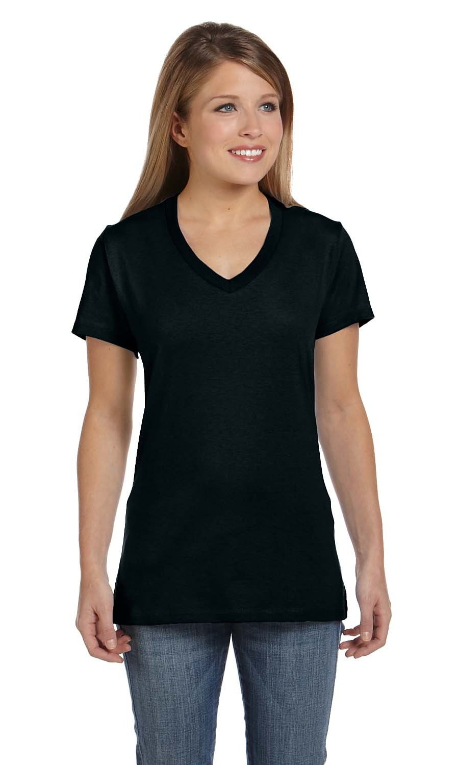 Hanes - The Hanes Ladies 45 oz, 100% Ringspun Cotton nano-T V-Neck T-Shirt - BLACK - S - Walmart 