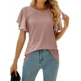 thumbnail image 3 of HUBERY Women Crewneck Ruffle Short Sleeve Cutout Solid Color Top, 3 of 7