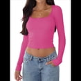 thumbnail image 2 of Top Corto de Larga con Cuello Cuadrado para Mujer, Top de Punto Acanalado con Nudo y Encaje de Patchwork. Rosa Roja S, 2 of 10