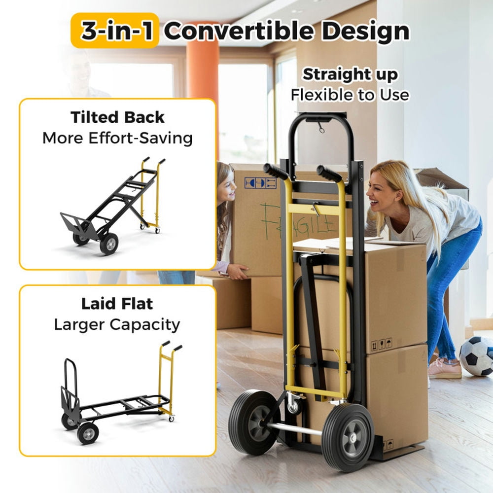 Resenkos 3-in-1 Convertible Hand Truck Metal Dolly Cart with 4 Rubber Wheels for Transport-Black