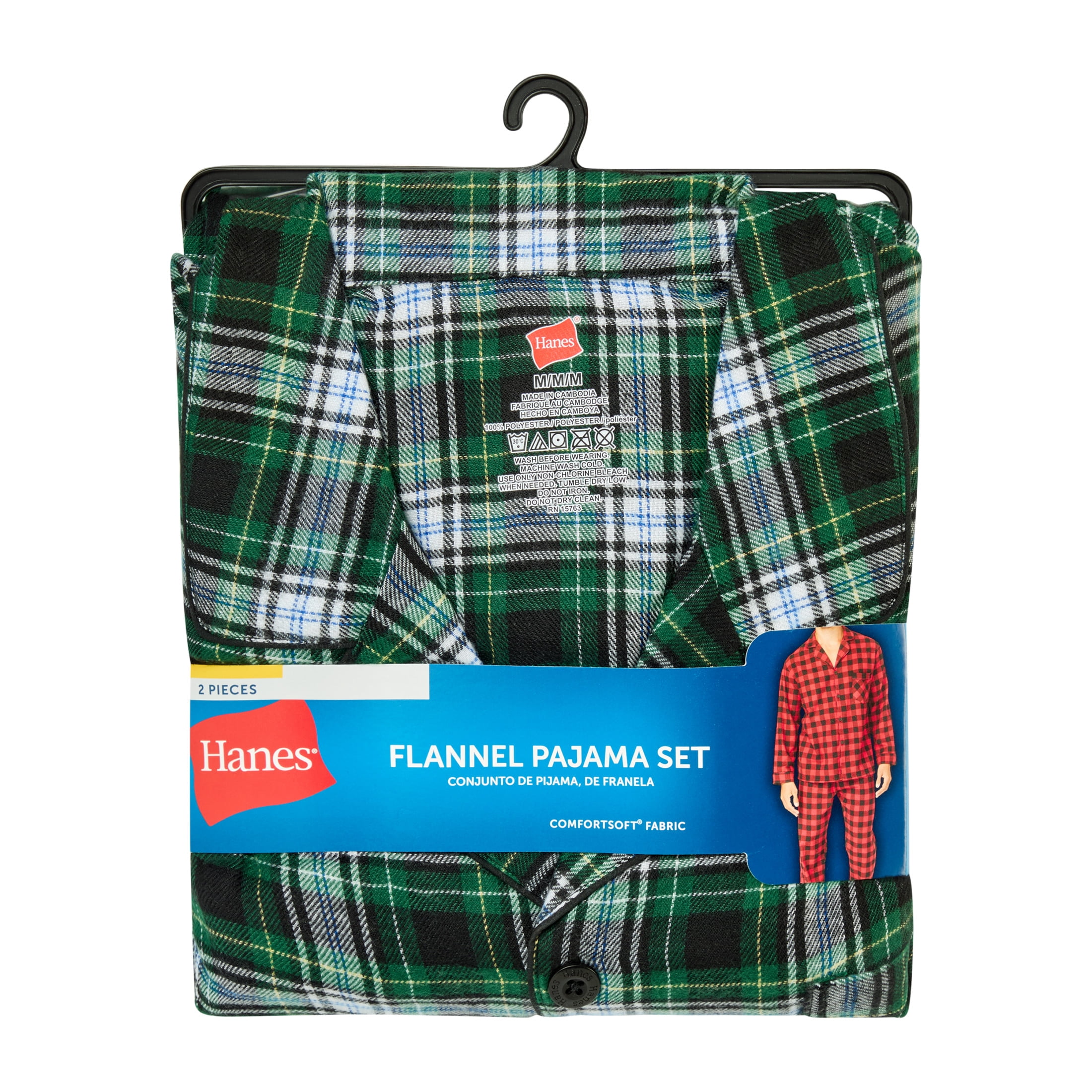Hanes Men's Flannel Plaid Pajamas Set, 2-Piece, Sizes S-XXL, Green